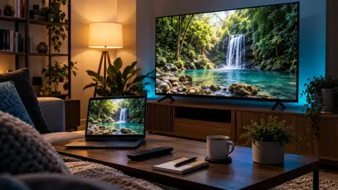 Televisão e notebook com cachoeira em sala iluminada, com caneca e controle na mesa.