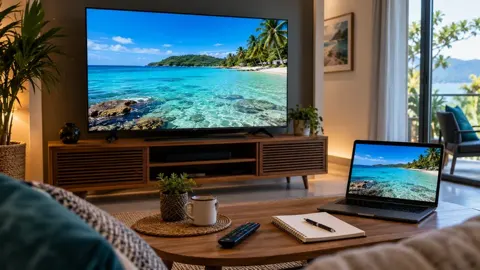 Televisão e notebook com praia tropical, caderno e caneca em mesa de centro.