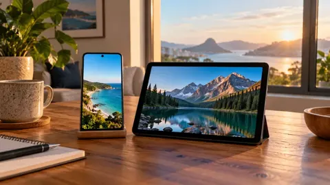Celular e tablet com paisagens de lago e montanhas sobre mesa de madeira perto de janela.