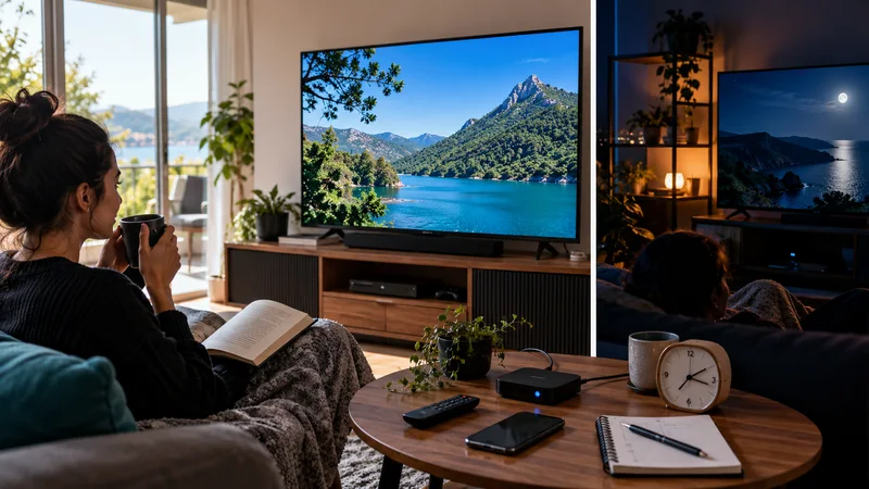 Pessoa no sofá diante de duas televisões com paisagens; aparelhos e relógio sobre a mesa.