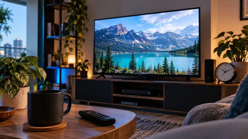 Televisão com lago entre montanhas, com relógio, controles e aparelhos no ambiente.
