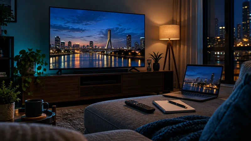 Televisão e tela auxiliar com paisagem urbana ao entardecer, em sala de estar.