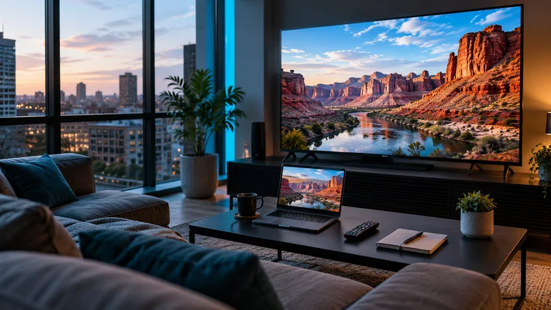 Televisão com paisagem de deserto e tela auxiliar em mesa de centro junto a janela.