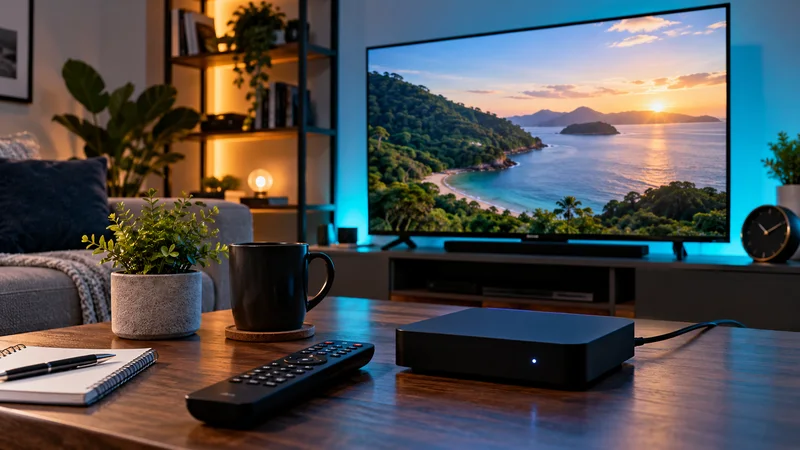 Televisão com paisagem costeira ao pôr do sol, controle e aparelho de reprodução na mesa.