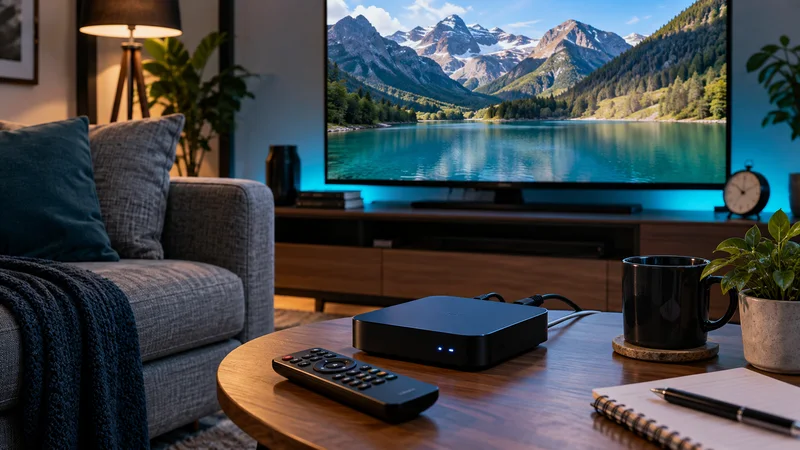 Televisão com lago e montanhas, com aparelho de reprodução e controle em mesa de madeira.